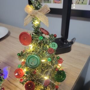 Festive Button-Decorated Mini Christmas Tree with Lights